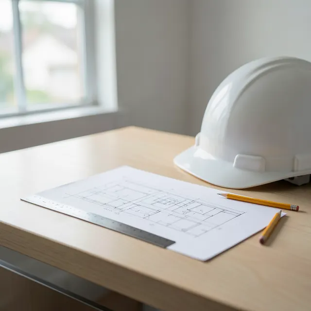 Architectural drawings and a helmet (artist's impression)