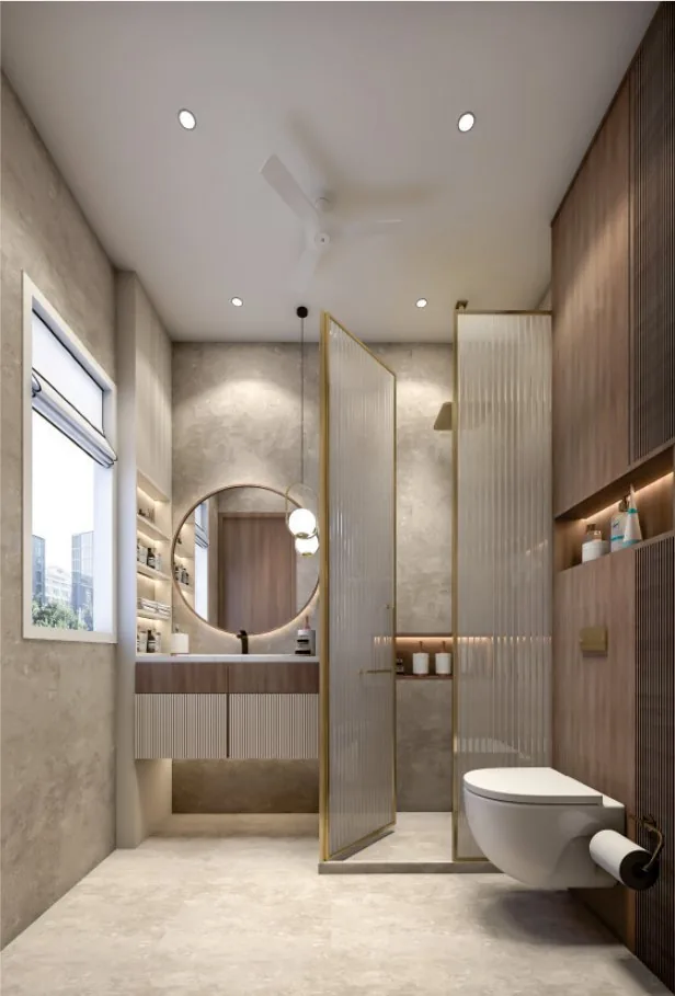 Bathroom with glass shower cubicle and wall-hung WC (artist's impression)