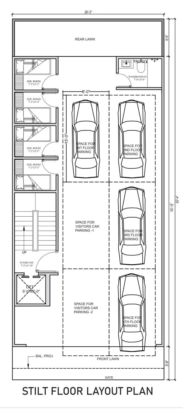 Stilt floor plan: four servant rooms and a washroom along one side, six car parking spaces (one each for floors 1 to 4 and two for visitors), staircase, lift, rear lawn, and front lawn with the gate