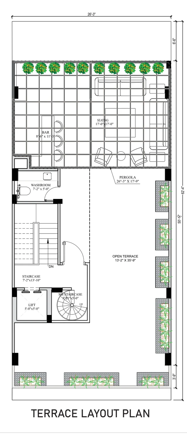 Terrace plan: pergola with seating and a bar, open terrace with planters along the edges, washroom, staircase and lift