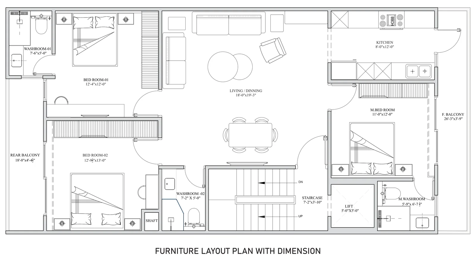 Typical floor plan, one 3 BHK home per floor: living and dining room, kitchen, master bedroom and bedroom 1 each with a washroom, bedroom 2 beside a third washroom, front and rear balconies, staircase and lift