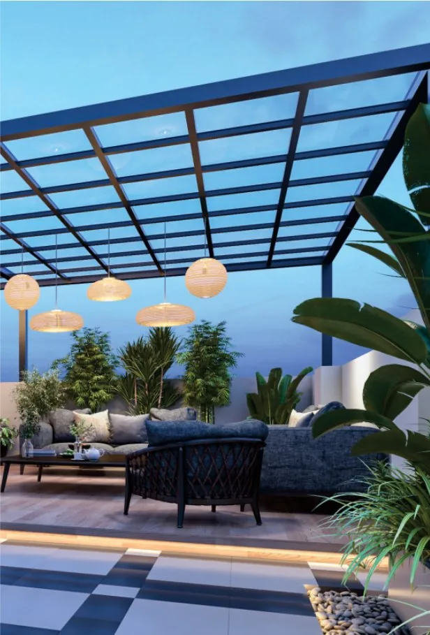 Terrace with pergola, seating and planters, seen from above (artist's impression)