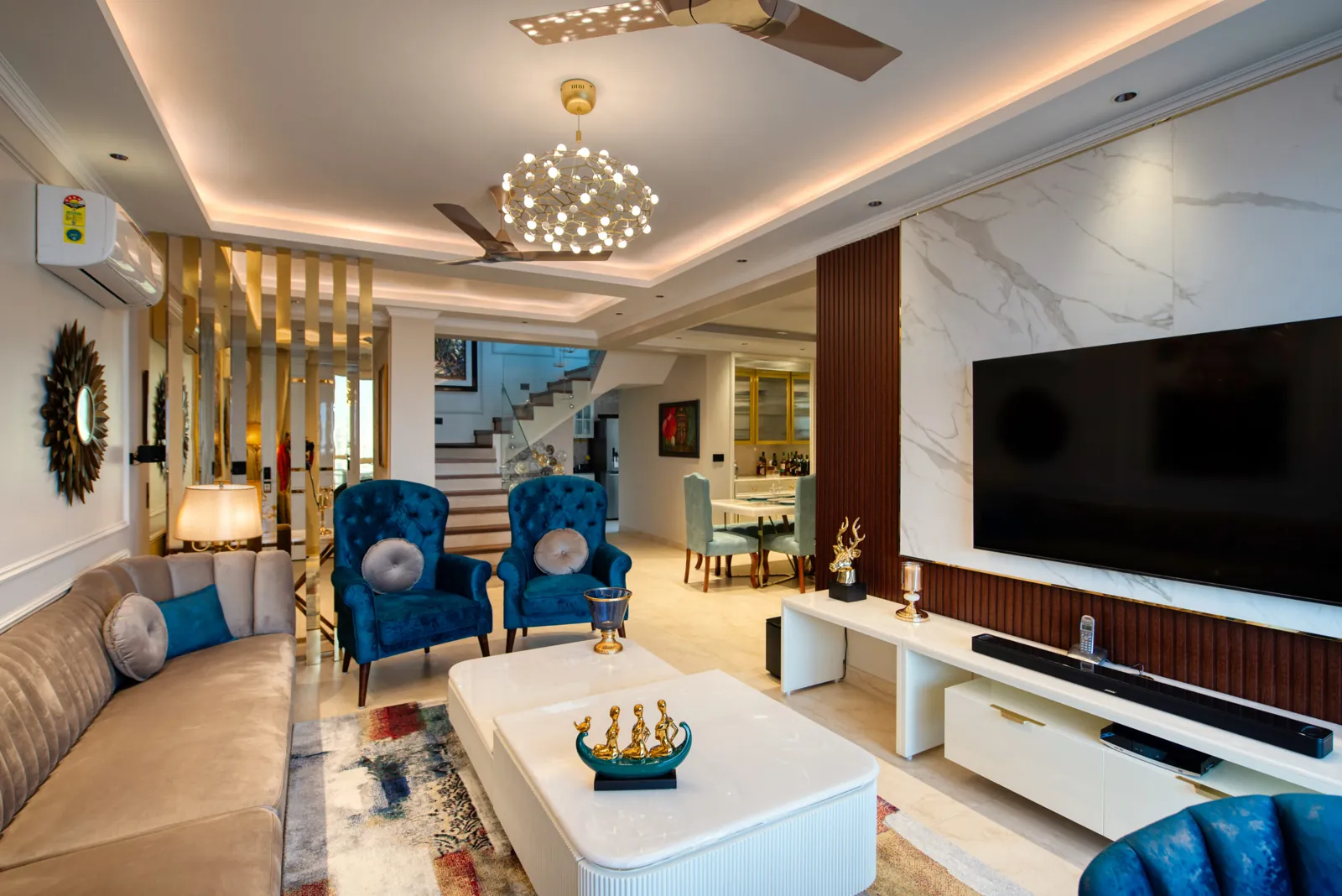 Living and dining room of a completed home interior (photograph)