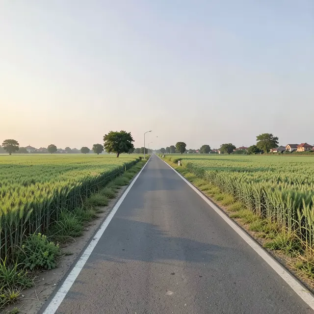 Road through open fields near Jhajjar (artist's impression)