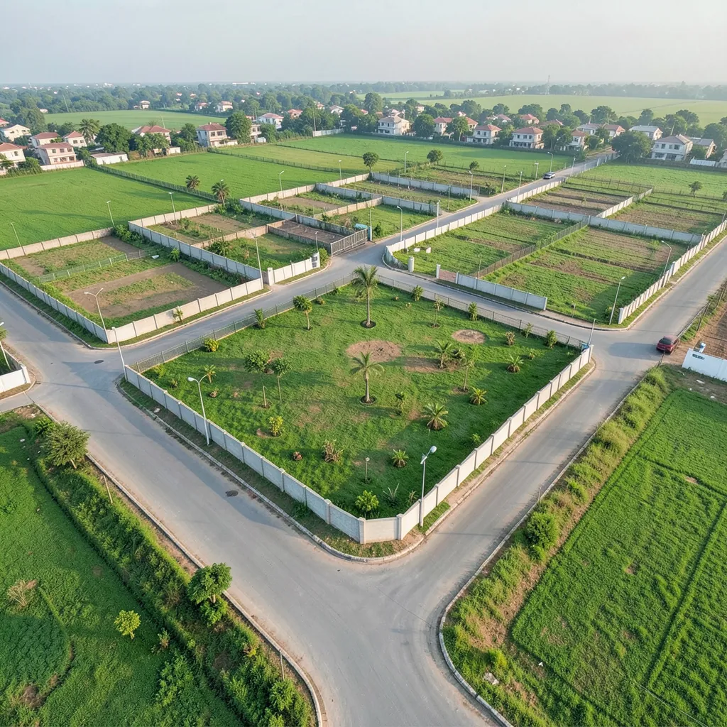 Aerial view of laid-out residential plots (artist's impression)