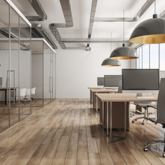 Modern office interior with daylight and city view. 3D Rendering